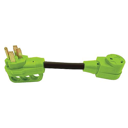 A green male and female RV adapter with a black connector and a finger grip handle.