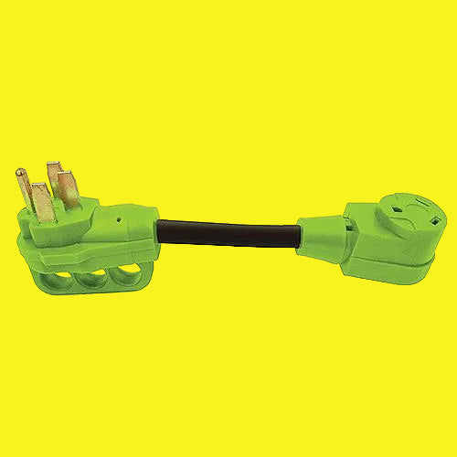 A green male and female RV adapter with a black connector and a finger grip handle.
