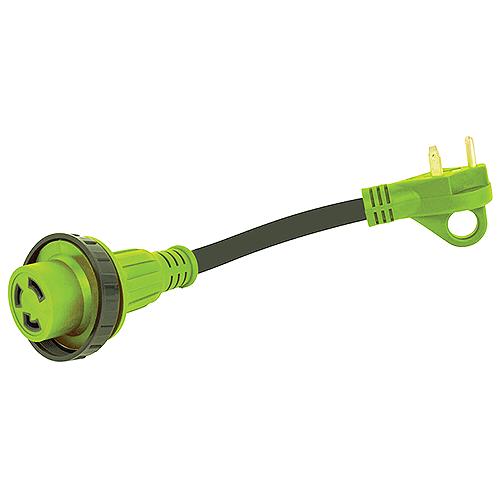 A green detachable locking ring 30 amp adapter cord with a male finger grip and a female receptacle.