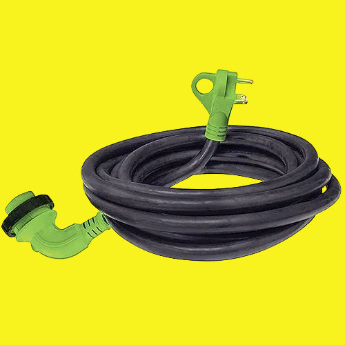 A black detachable 90-degree locking ring cord with a green female receptacle on one end and a male end with a finger grip handle.