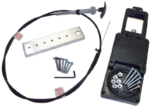 A waste valve with a flexible cable and folding handle, typically used in RVs for valve placement.