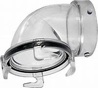 A clear, circular, 90-degree hose adapter with a bayonet fitting on one end