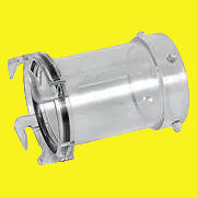 A clear, cylindrical RV hose adapter with bayonet attachment and a seal.