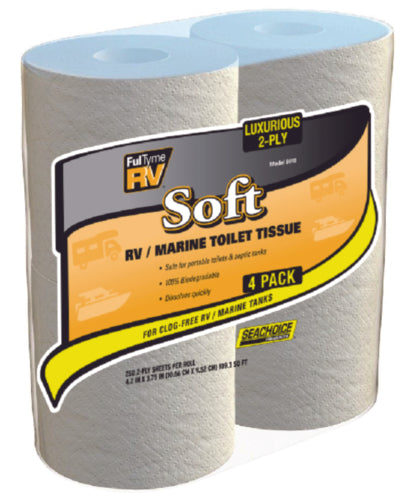 Pack of four rolls of FulTyme RV Soft Marine Toilet Tissue with a blue and gray label, indicating it is 2-ply toilet tissue designed for RVs and marine use.
