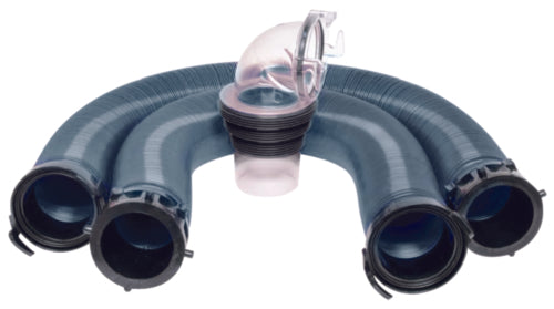 Two gray RV sewer hoses with a 90-degree universal sewer adapter and a rotating fitting.