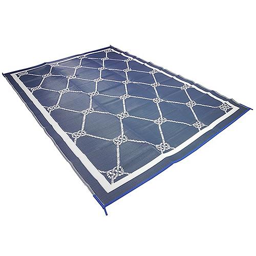 A rectangular outdoor patio mat with a geometric pattern, featuring a combination of blue and white colors.