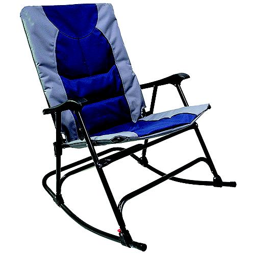 A blue and gray folding rocking chair with a steel frame and padded fabric seat and backrest.