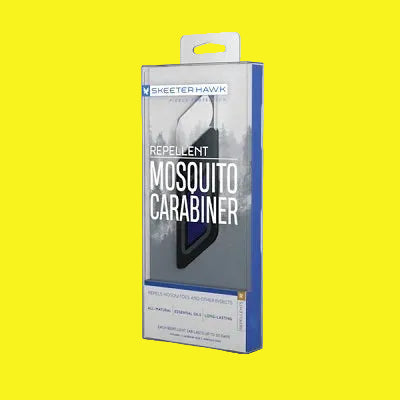 Packaging for Wearable Mosquito Carabiner with product name and description, featuring a reflective logo and lettering.