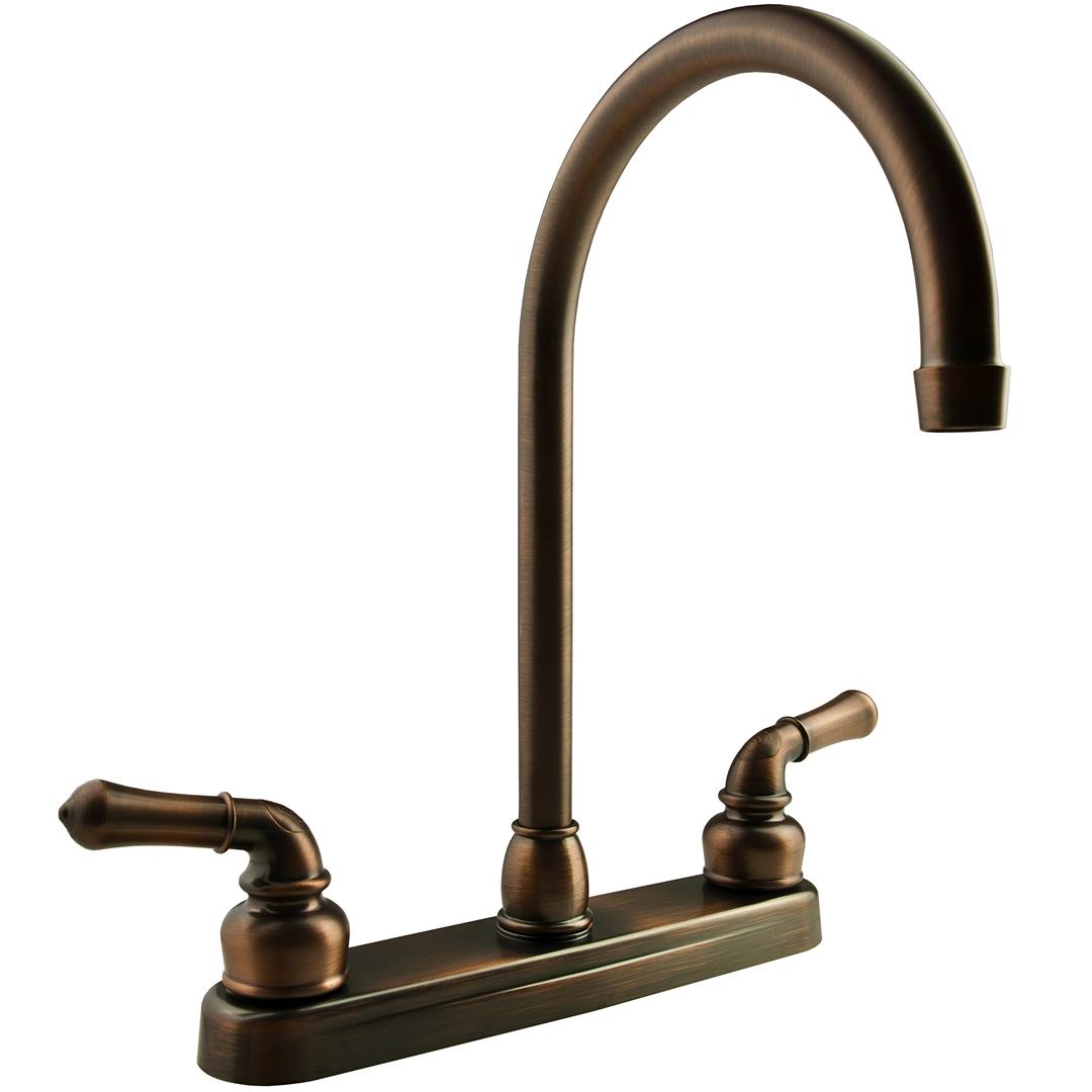 Oil rubbed bronze single-handle kitchen faucet with a J-spout and two teapot classical handles.