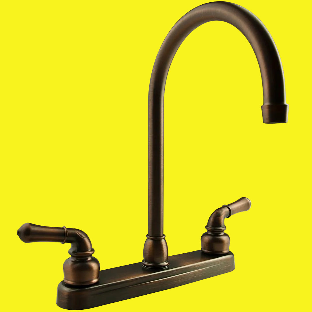 Oil rubbed bronze single-handle kitchen faucet with a J-spout and two teapot classical handles.
