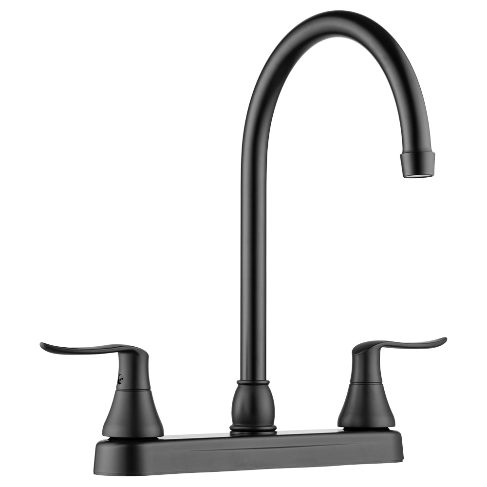 Matte black kitchen faucet with a J-shaped spout and two handle options on a 8" deck mount.