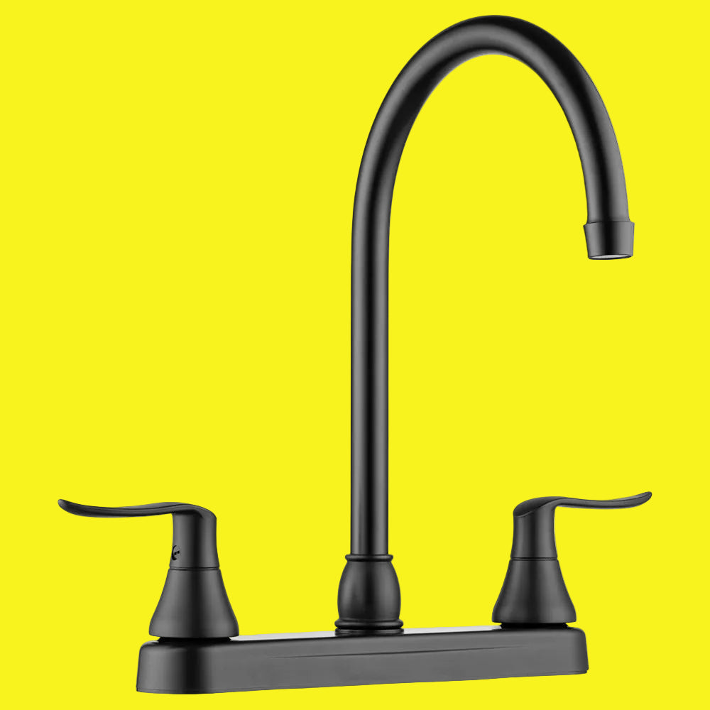 Matte black kitchen faucet with a J-shaped spout and two handle options on a 8" deck mount.
