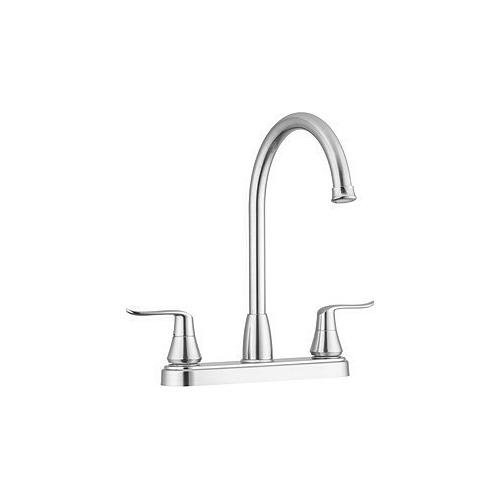 A satin nickel kitchen faucet with a high arch and a J-shaped spout, featuring a brushed finish and a polished chrome handle.