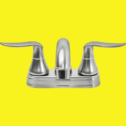 Stainless steel faucet handle set on a yellow background