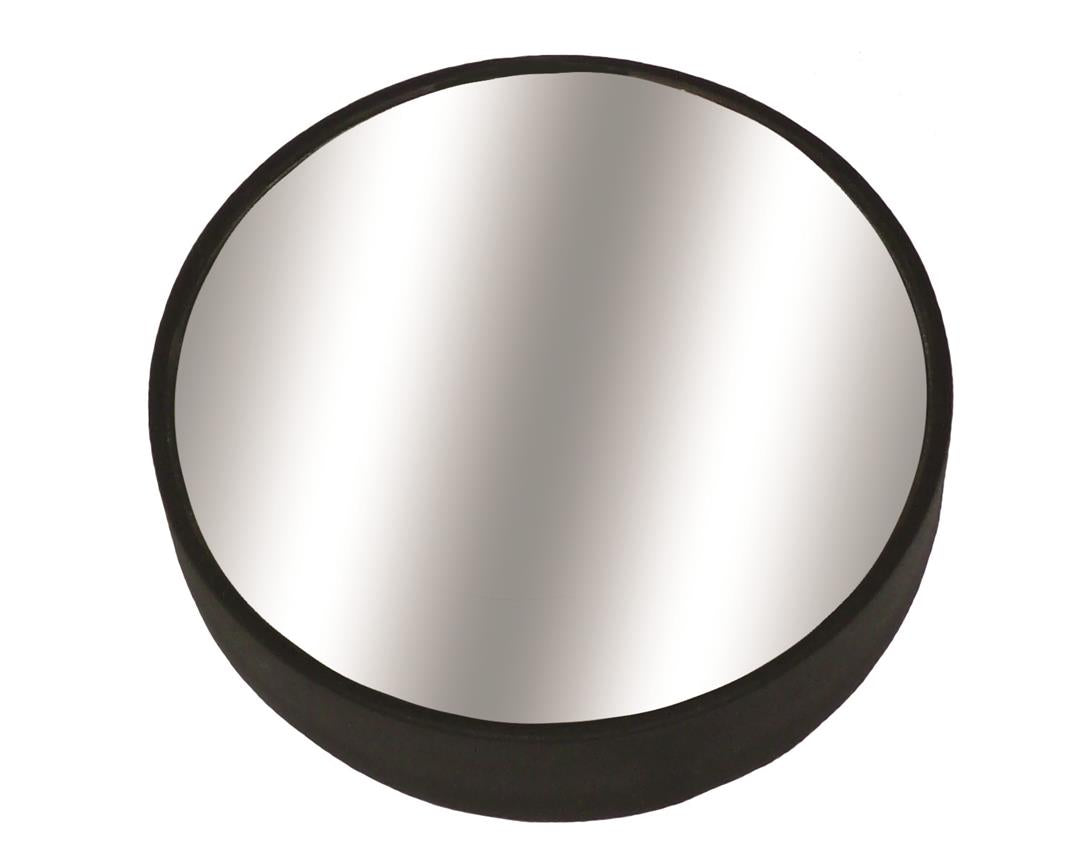 A round black exterior mirror with a silver reflective surface inside.