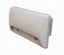 A white range exhaust cover with a lockable damper mechanism designed to keep rain and dust out of a camper.