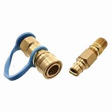 A gold 3/8 inch quick connect and full flow plug for propane/natural gas lines.