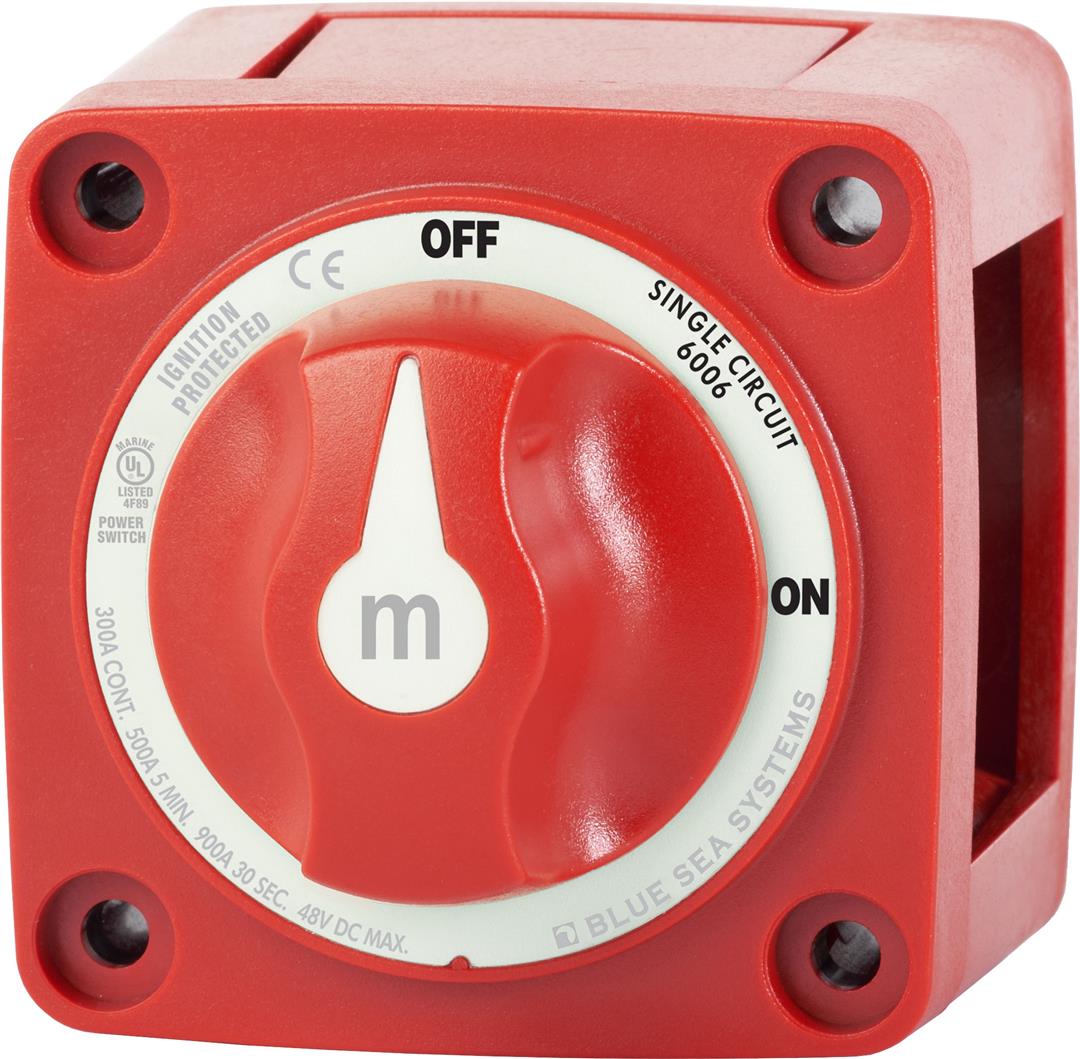 A red battery disconnect switch with a single circuit label and an ON-OFF switch lever in the center. It has a white background with black and red text, and is mounted on a red square-shaped enclosure with three visible screws.