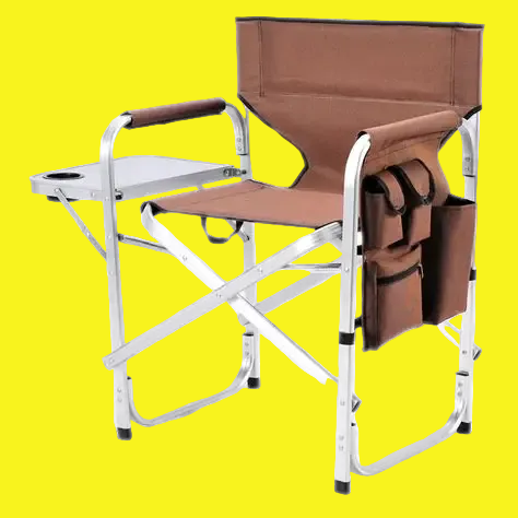 A brown director chair with a metal frame. There is a side table and a side compartment for accessories.