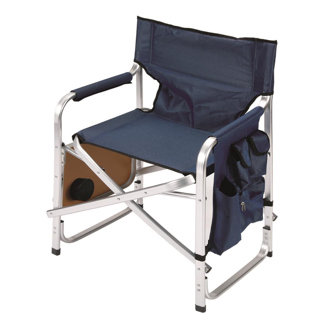A blue folding director's chair with a built-in side table, cup holder, and removable accessory pockets, featuring a sturdy flat-aluminum frame.