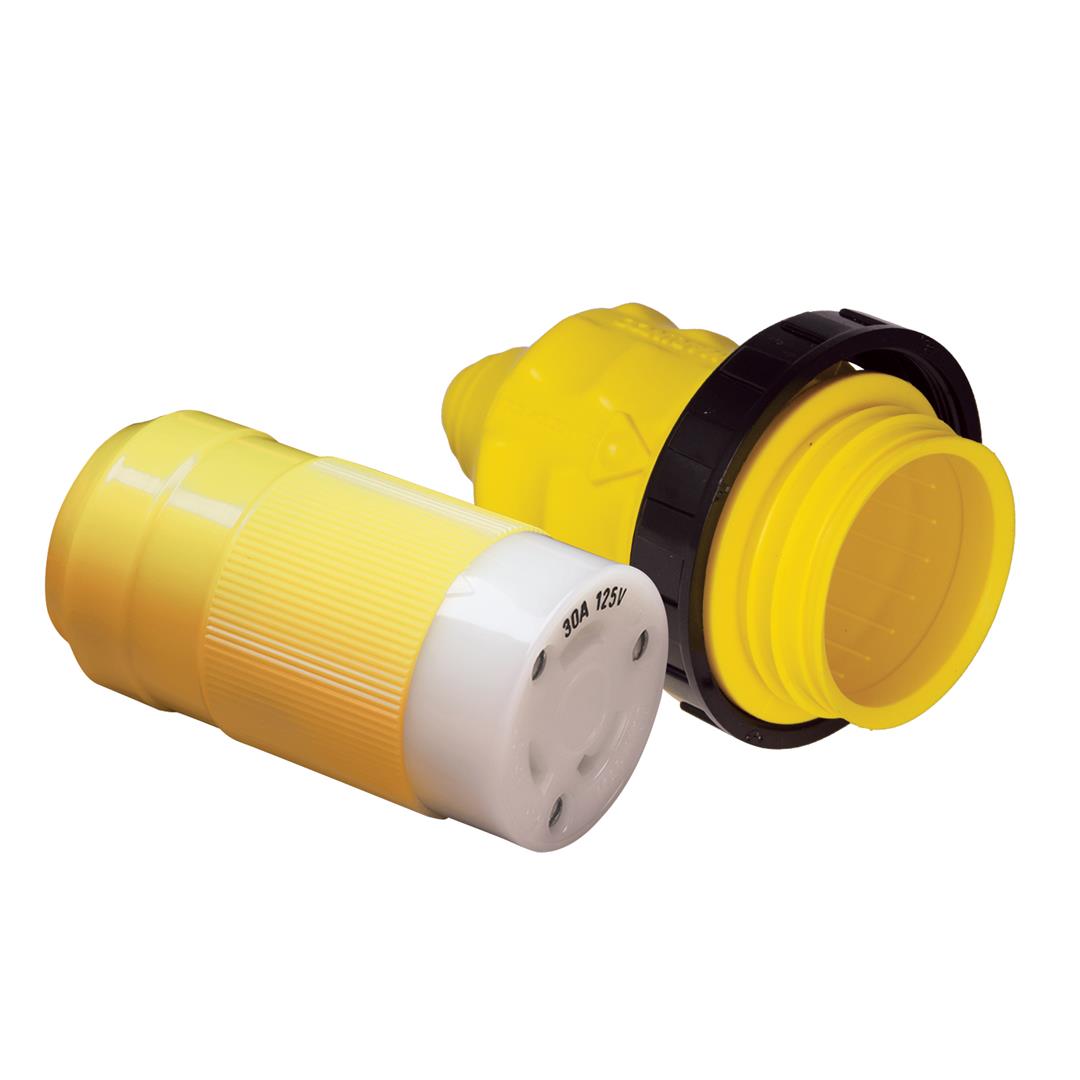 A 30 amp power cord end with a yellow weatherproof protector.