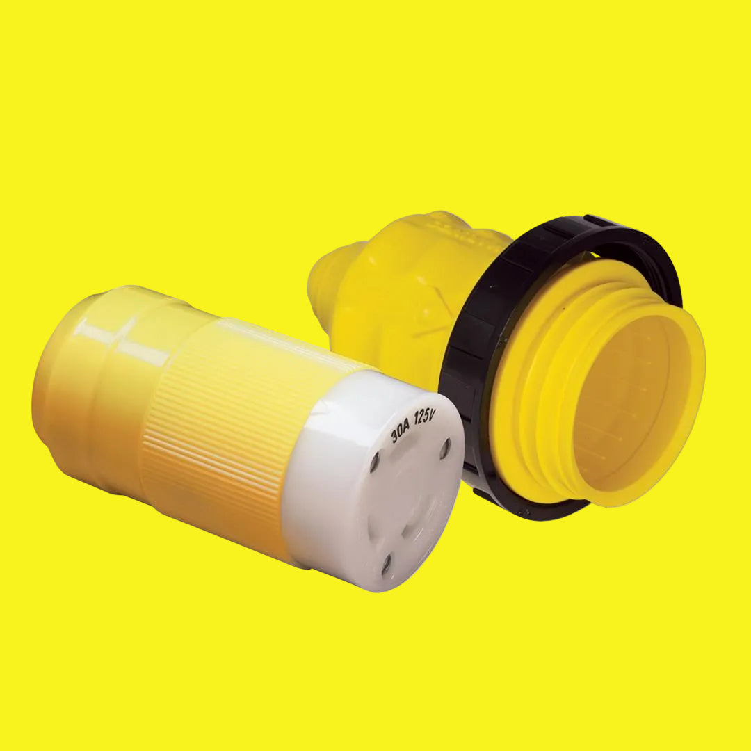 A 30 amp power cord end with a yellow weatherproof protector.