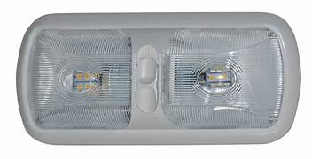 Double LED interior light with a clear lens and a white base, designed for 12 Volt DC power.