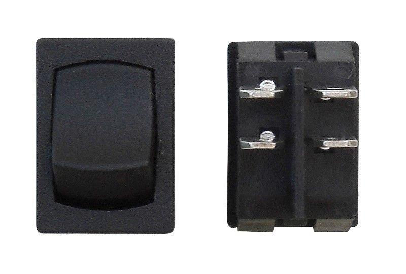 A black mini rocker switch with a 4-prong plug and a non-lighted condition, designed for use with monitor panels, water pumps, and appliances.