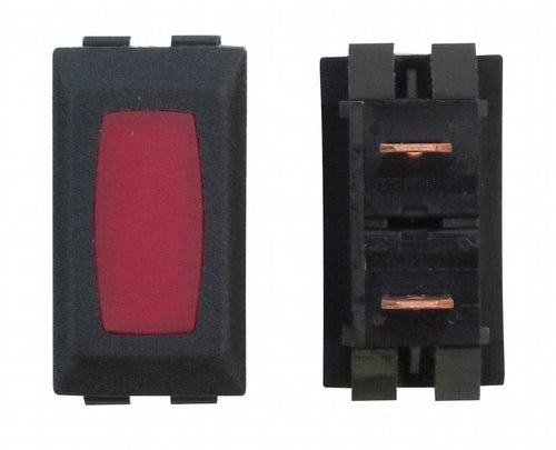 Two black power indicator lights with red switches, one shown in profile view and the other in a frontal view.