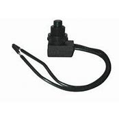 A black push button switch with a 6 inch wire lead, designed for on/off functionality.