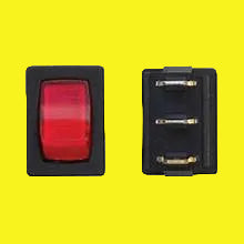 Front and back of mini lighted on/off switch with a black and red color scheme, designed for use with appliances such as monitor panels and water pumps.