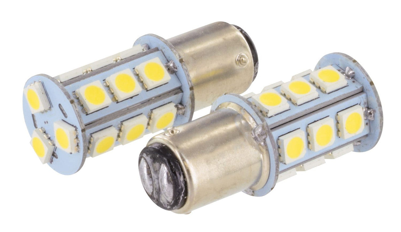 Two LED bulbs with a cool white color, 12V power, and 2.4 watts output, placed side by side.