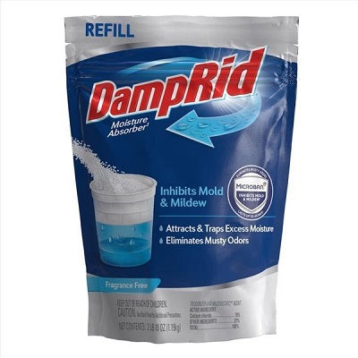 A DampRid moisture absorber refill bag, with a blue and white color scheme, labeled to inhibit mold and mildew, and attract and trap excess moisture.