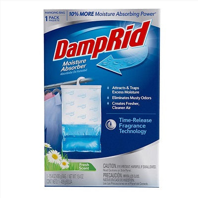 A package of DampRid Hanging Moisture Absorber with a fresh scent. The packaging is blue and white, with a visual of a clear plastic container filled with blue crystals and a caution label at the bottom.