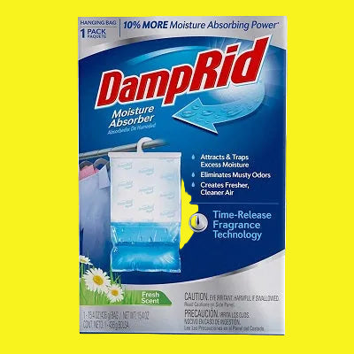 A package of DampRid Hanging Moisture Absorber with a fresh scent. The packaging is blue and white, with a visual of a clear plastic container filled with blue crystals and a caution label at the bottom.