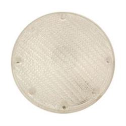 A clear round lens for a RV light, with visible screw holes for installation.