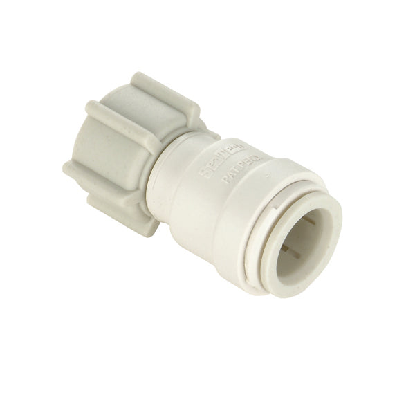 An off-white quick connect adapter with a female copper tube end and a female NPS swivel end nut.