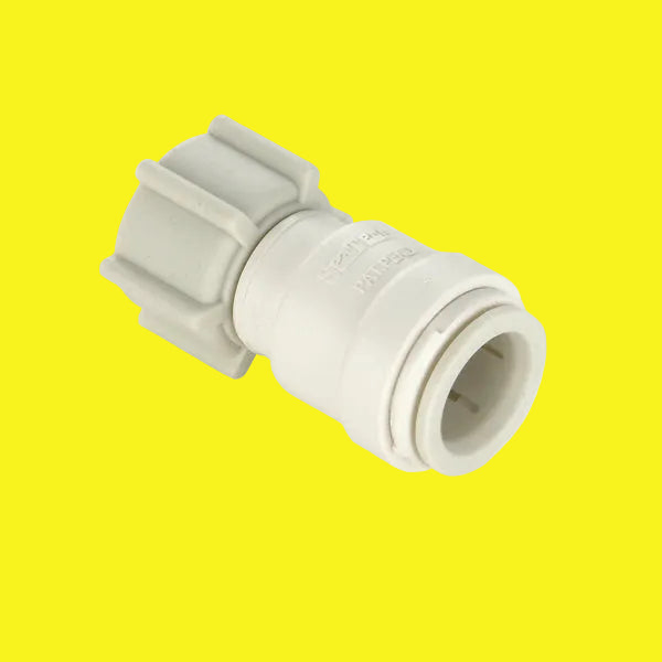An off-white quick connect adapter with a female copper tube end and a female NPS swivel end nut.