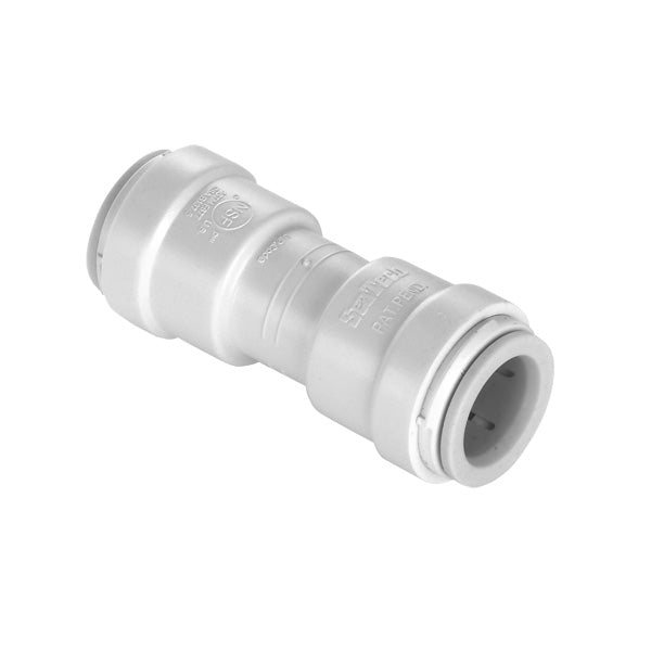 An off-white 3/8" female quick connect copper tube end x 3/8" female quick connect copper tube end straight union connector with an EPDM O-ring.