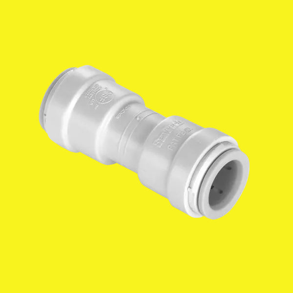 An off-white 3/8" female quick connect copper tube end x 3/8" female quick connect copper tube end straight union connector with an EPDM O-ring.