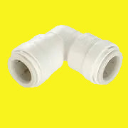 An off-white AquaLock Fresh Water Coupler with 1/2" female quick connect copper tube ends and a 90 degree union elbow.