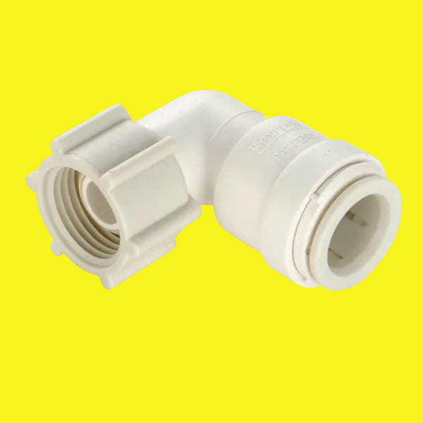 An off-white colored 1/2" female quick connect copper tube end x 1/2" female NPS swivel end nut 90-degree elbow adapter made of polysulfone.
