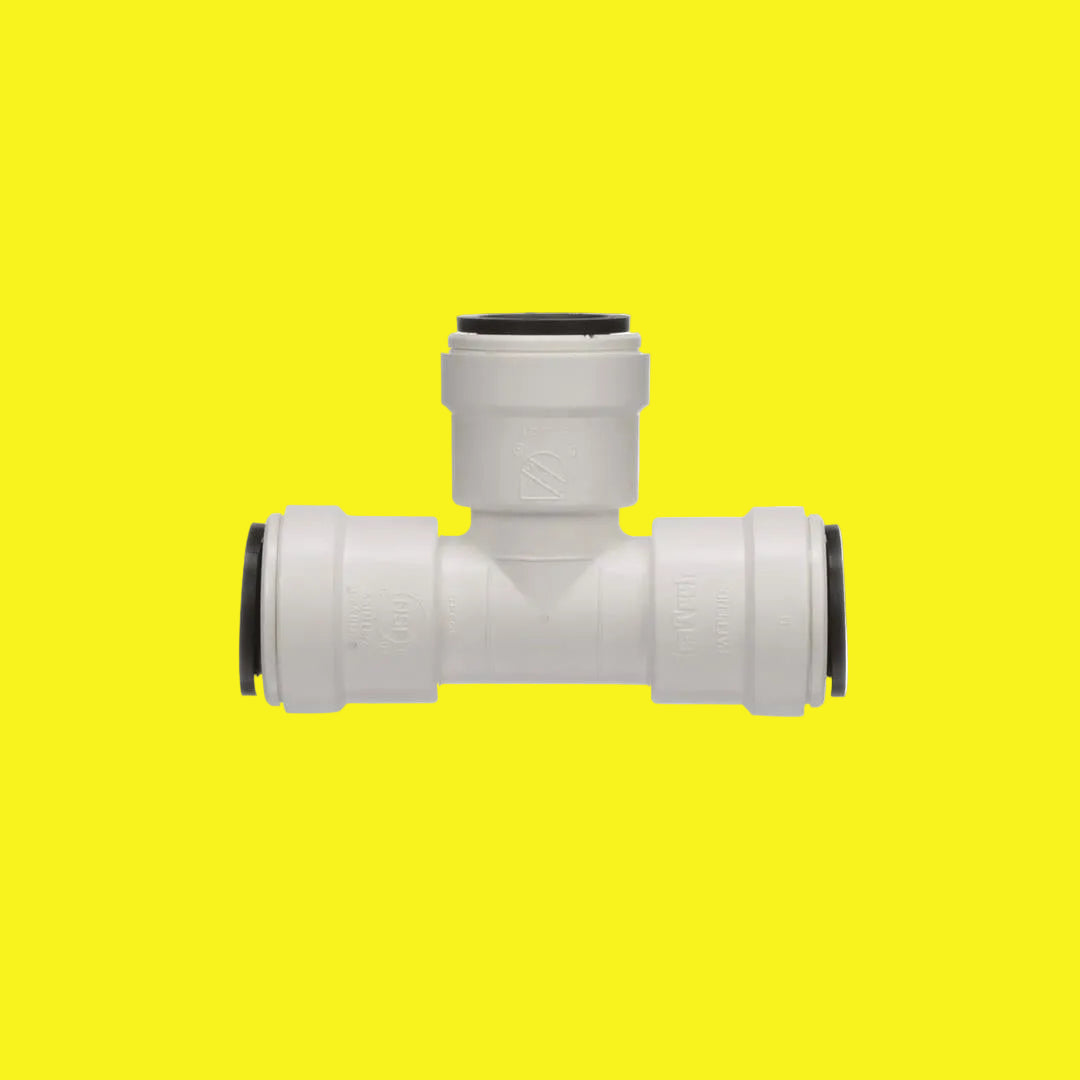 A white 3/8 inch female quick connect copper tube end x 3/8 inch female quick connect copper tube end union tee with an EPDM O-ring.