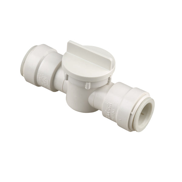 A white AquaLock fresh water shut off valve with 1/2 inch female quick connect copper tube ends.