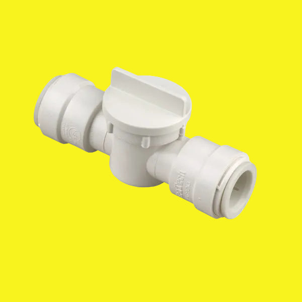 A white AquaLock fresh water shut off valve with 1/2 inch female quick connect copper tube ends.