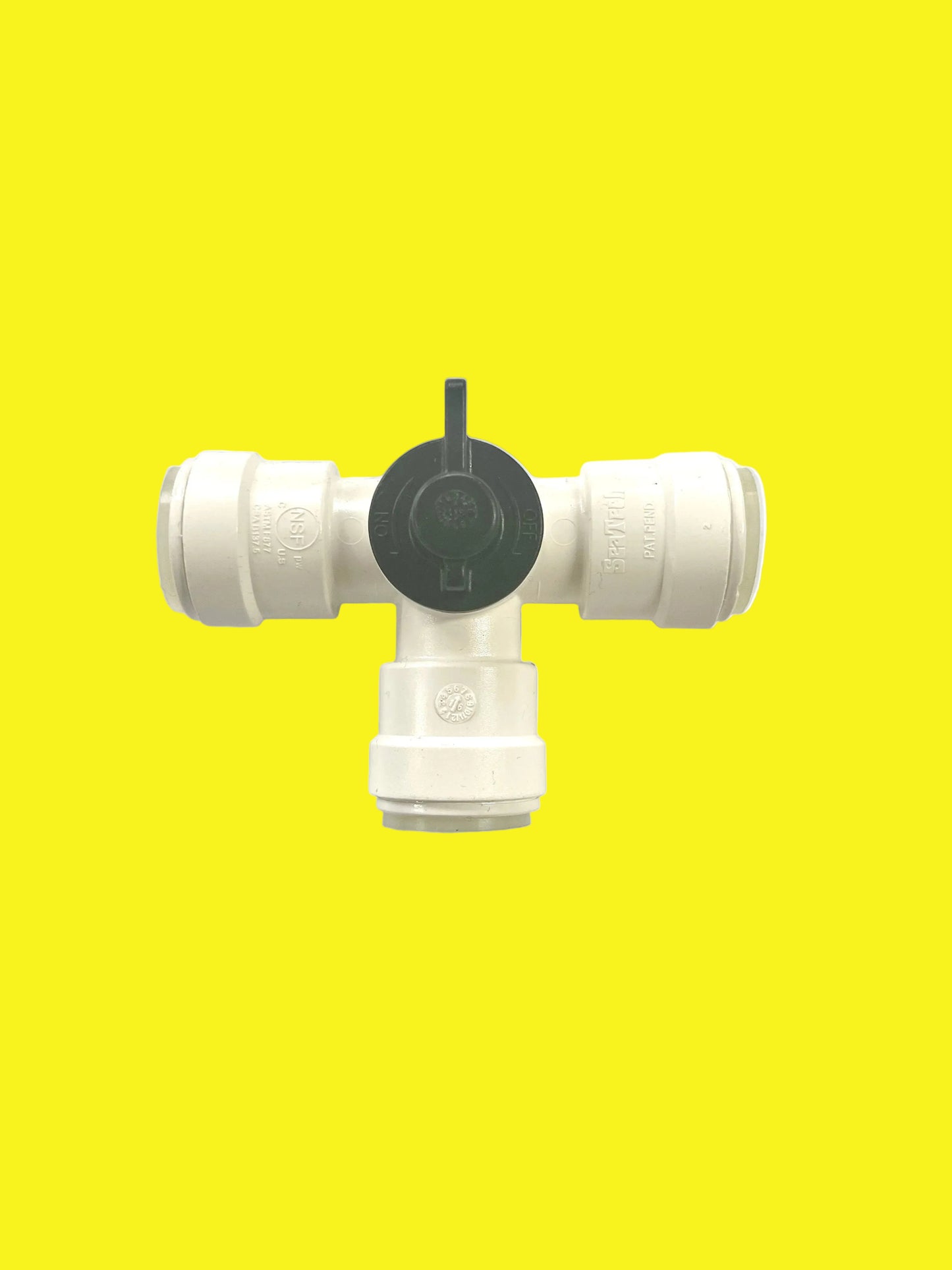 A white 3-way by-pass valve with copper tube ends, designed for plumbing systems.