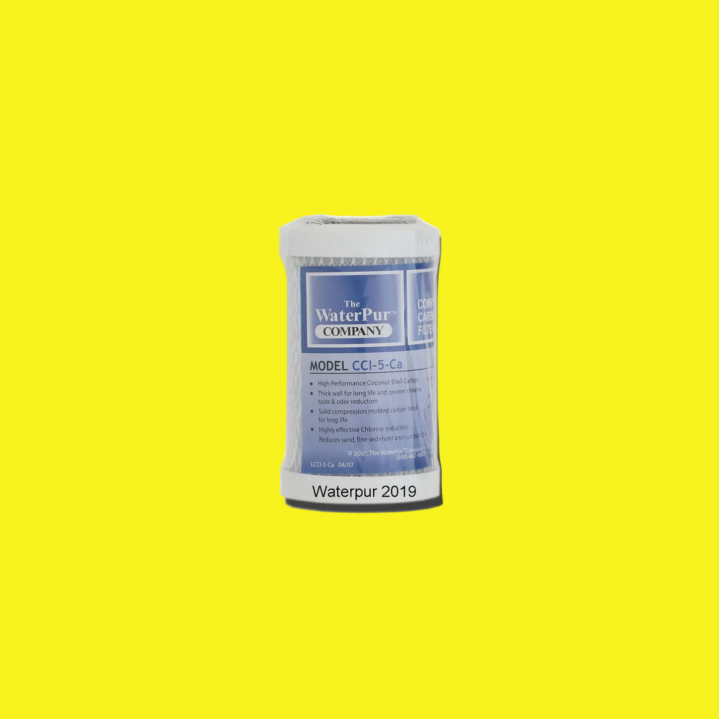 Water filter with a white and blue label