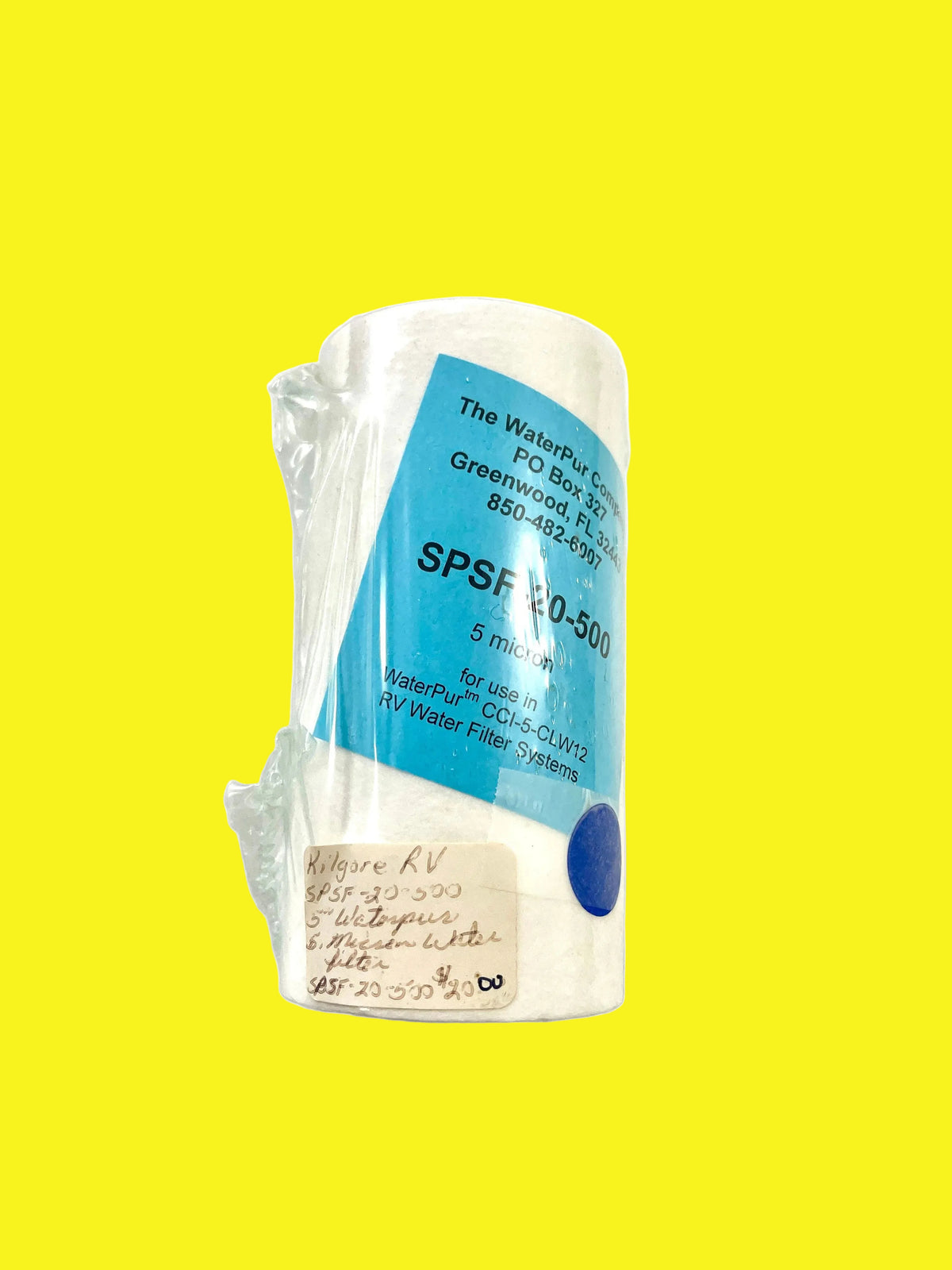A white water filter with a blue label.