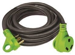 A 25-foot extension cord with a black body and green plugs, featuring a finger grip handle on one end.