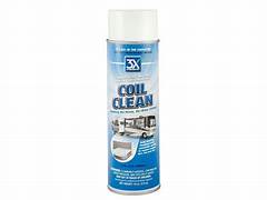 A can of Coil Clean RV condenser coil cleaner with a blue and white label
